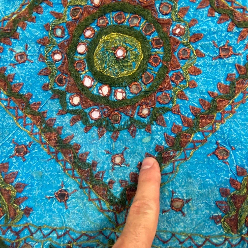Devananda Turquoise Cotton Mirror Work Pillow Cover Boho Indian Embroidery 16x16